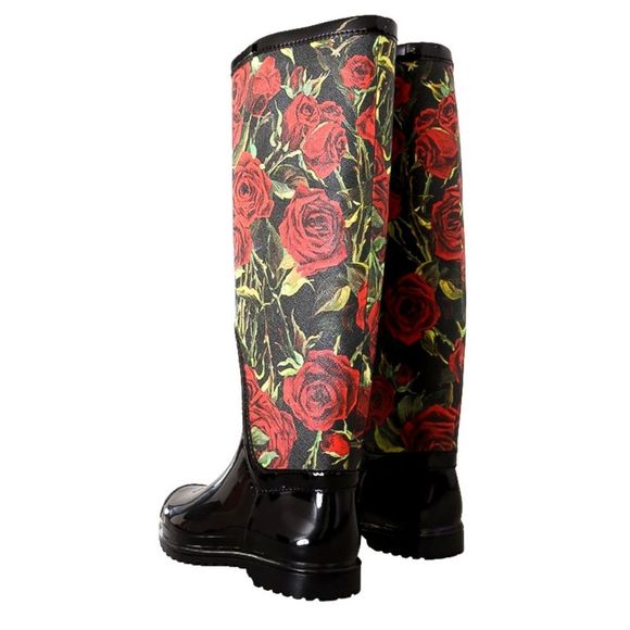 DOLCE & GABANNA Black Rubber Red Tall Knee High Rain Boots Shoes EU 38 - Picture 2 of 6